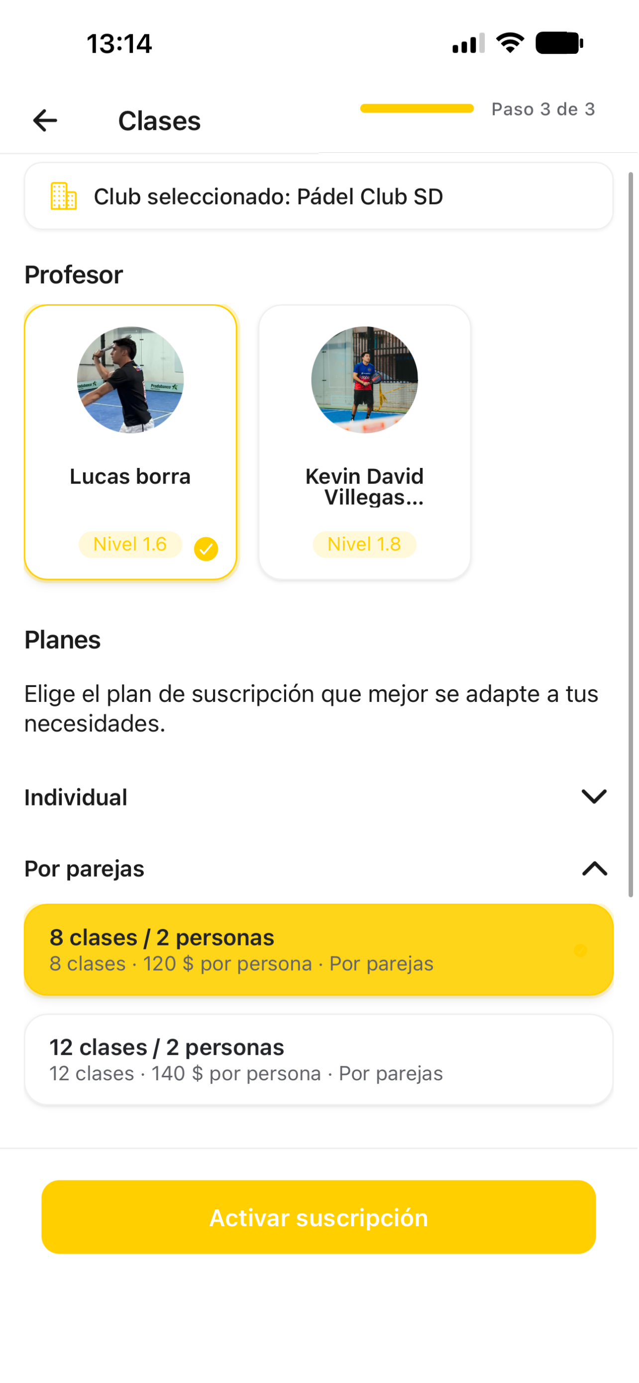 Sección de clases de pádel