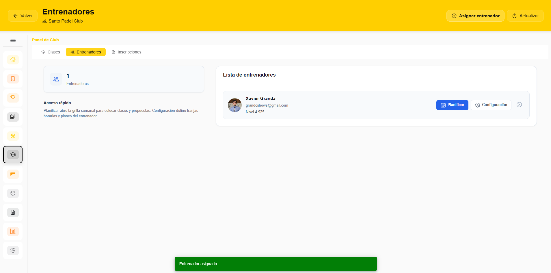 Módulo de entrenadores del club
