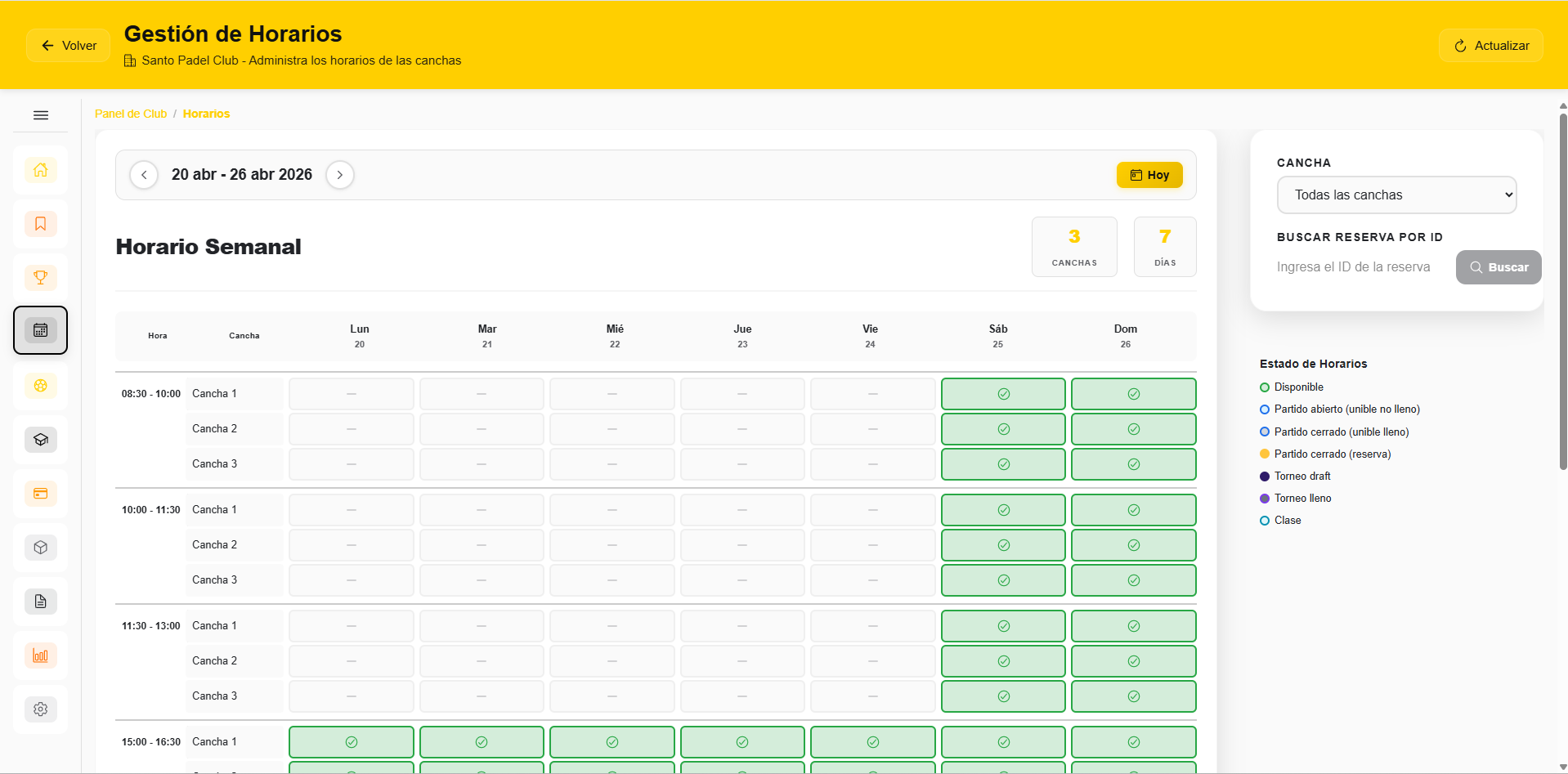 Gestión de horarios del club